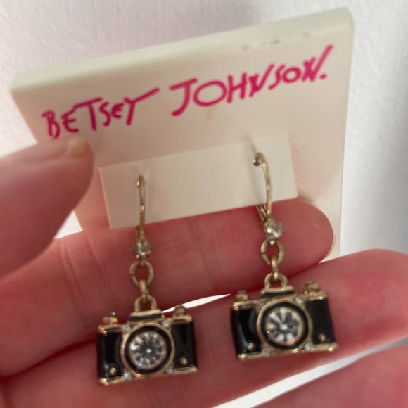 Betsey Johnson Royal Engagement Drop Earrings Gold Tone Rhinestone Black Enamel - Picture 9 of 13